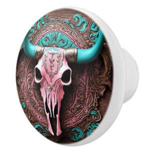 Pomo De Cerámica Cowgirl Turquoise Rosa Bull Campestre Occidental S