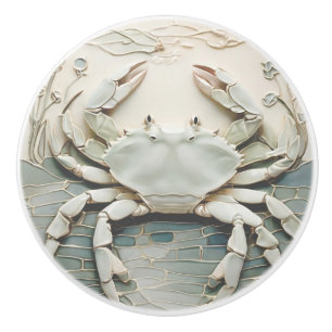 Pomo De Cerámica Crab Art Nouveau Faux Relief White & Mint Pastel