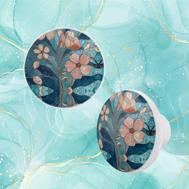 Pomo De Cerámica Cream Copper Blue Teal Floral (Subido por el creador)