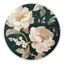 Cream Peony Floral Ceramic Drawer Pull - Elegante