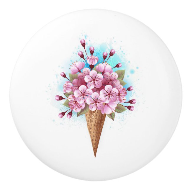 Pomo De Cerámica Crema rosa de hielo Sakura Waffle Cone (Anverso)
