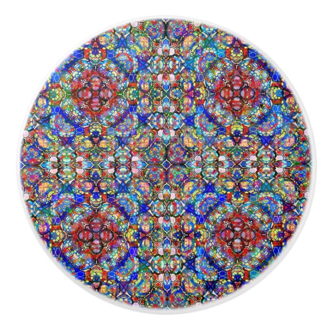 Pomo De Cerámica Cristal azul y rojo manchado luce Kaleidoscopio (Anverso)