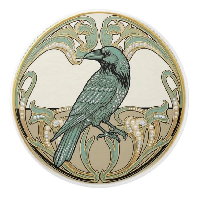 Pomo De Cerámica Crow Bird Sage Green & Gold Art Deco Nouveau (Anverso)