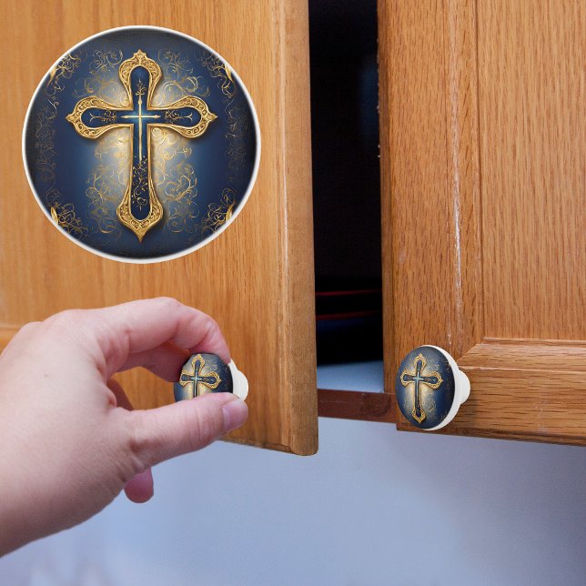 Pomo De Cerámica Cruz De Oro En Azul (Subido por el creador)