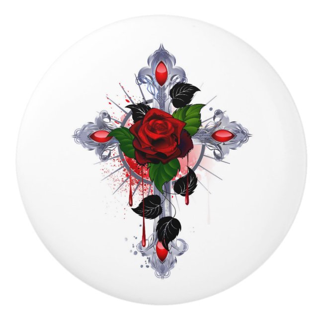 Pomo De Cerámica Cruz de Plata con una Rosa Roja (Anverso)