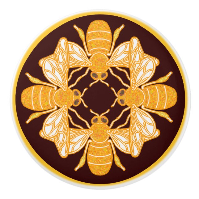 Pomo De Cerámica Cuatro abejas heráldicas en marrón chocolate rico (Anverso)