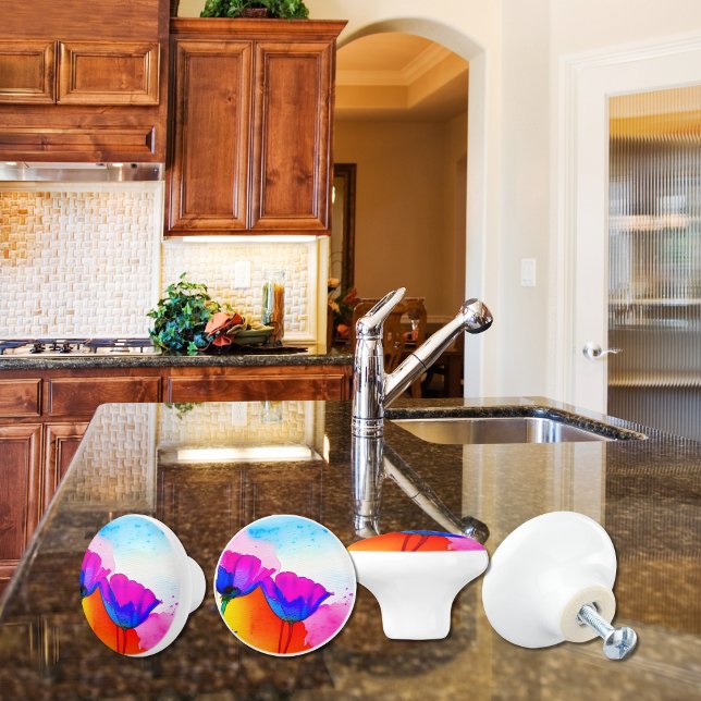 Pomo De Cerámica Cubierta acuarela Floral California Cubierta de am (Watercolor floral cabinet pulls knobs with pink and blue California Poppies for your kitchen or bath)