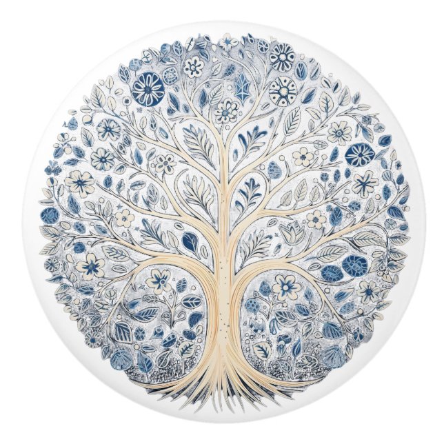 Pomo De Cerámica Cubierta cerámica floral azul y blanca con árbol (Anverso)