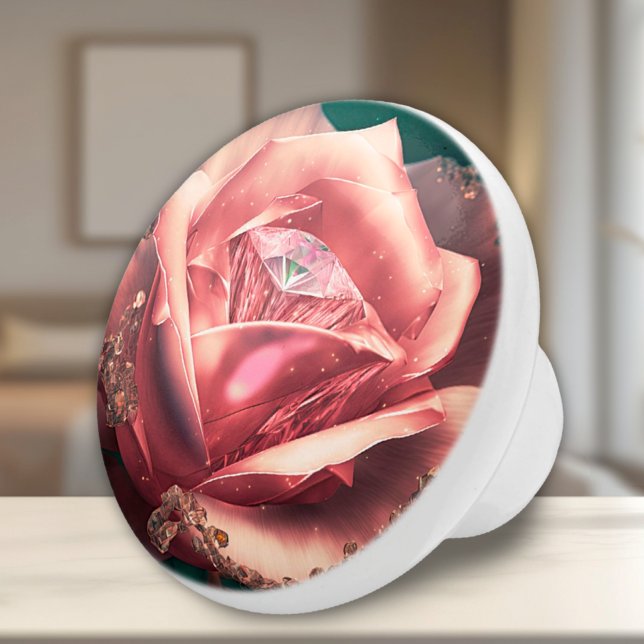 Pomo De Cerámica Cubierta cerámica rosa de cristal (Diamond Pink Rose Fantasy Ceramic Knob for Bedroom, Bath or Living Room Accents)