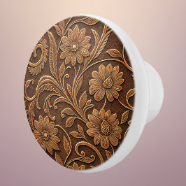 Pomo De Cerámica Cuero Falso Vintage con Aspecto Labrado Floral