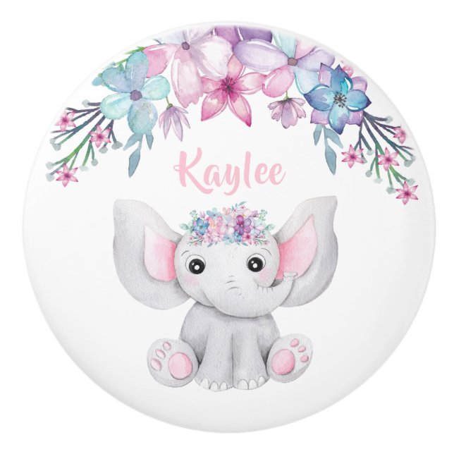 Pomo De Cerámica Cuidada Acuarela Elefante Bebé Para Chica (Anverso)