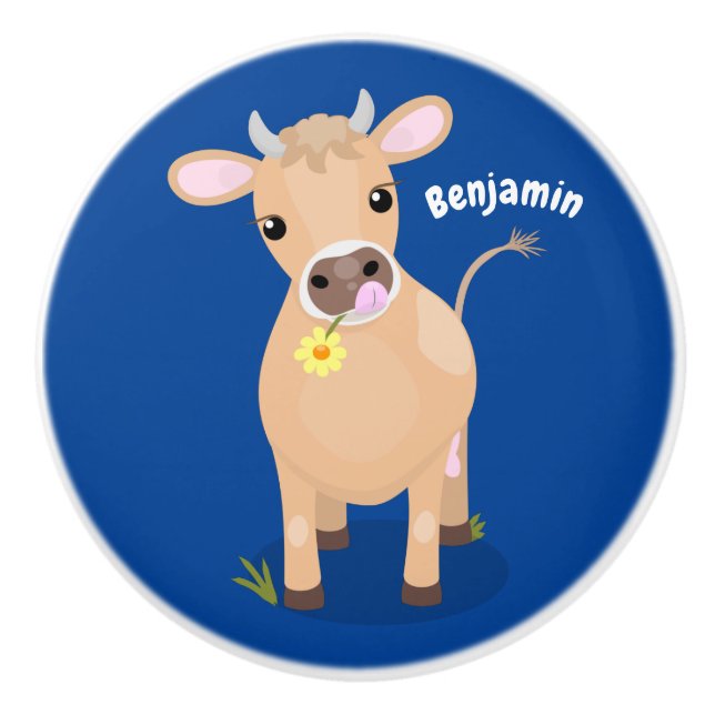 Pomo De Cerámica Cuidada jersey feliz vaca y personalizado de flore (Anverso)