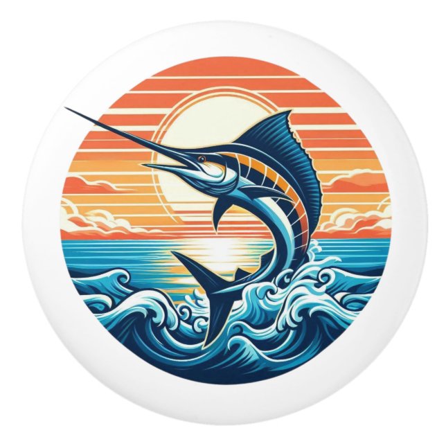 Pomo De Cerámica Custom Coastal/nautical/beach marlin sunset (Anverso)