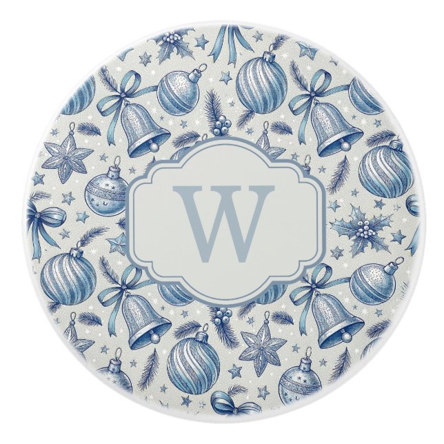 Pomo De Cerámica Custom Monogram Blue Toile Christmas Ornaments  (Anverso)