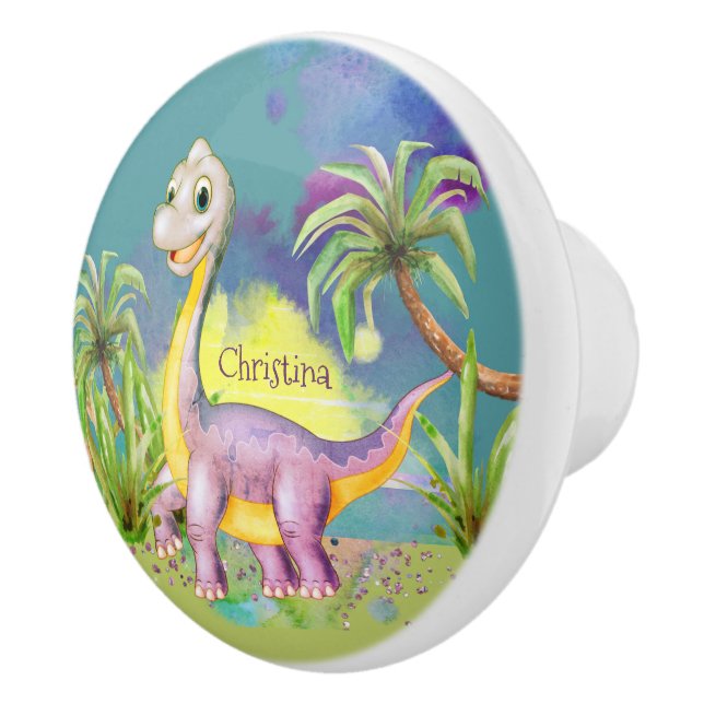 Pomo De Cerámica Cuta acuarela dino jardín faux purpurina nursery (Derecha)