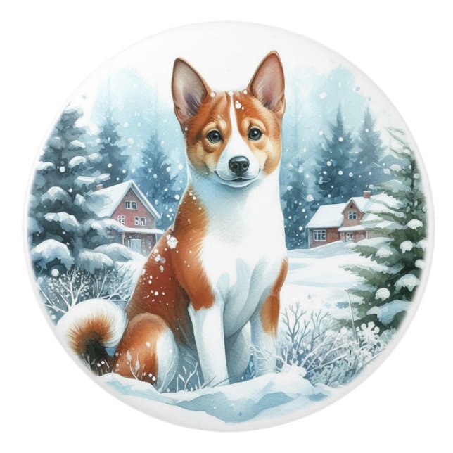 Pomo De Cerámica Cute Basenji Winter Watercolor Art (Anverso)