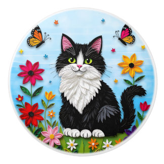 Pomo De Cerámica Cute Black and White Folk Art Cat and Flowers