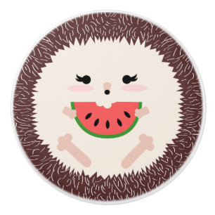 Pomo De Cerámica Cute Brown Hedgehog Comer Watermelon Slice