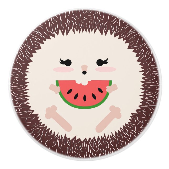 Pomo De Cerámica Cute Brown Hedgehog Comer Watermelon Slice (Anverso)