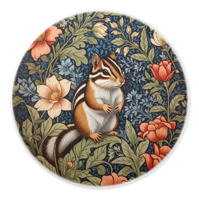 Pomo De Cerámica Cute Chipmunk William Morris Inspired Floral (Anverso)