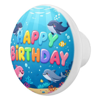Pomo De Cerámica Cute Happy Birthday nautical dolphin