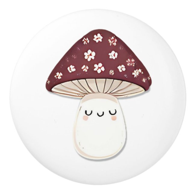 Pomo De Cerámica Cute Kawaii Whimsical Brown Mushroom (Anverso)