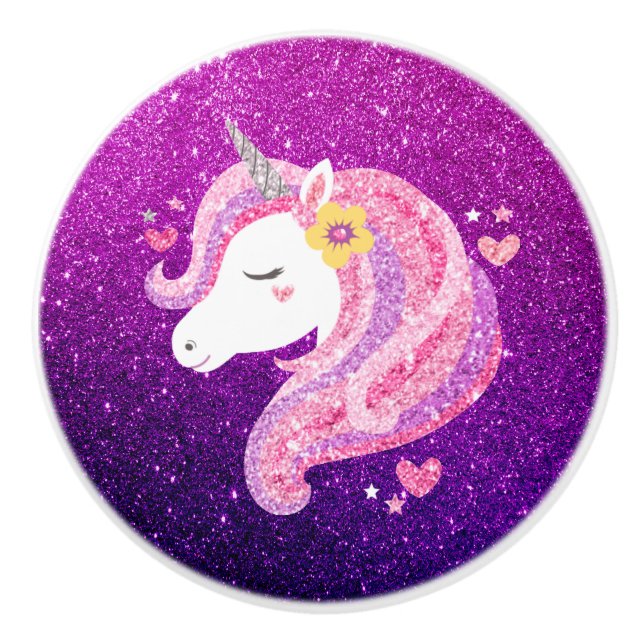 Pomo De Cerámica Cute Purpurina Unicorn (Anverso)