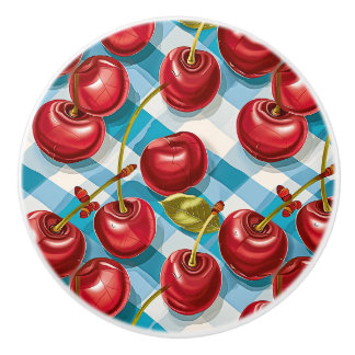 Pomo De Cerámica Cute Whimsical Retro Mid-Century Cherries & Plaid