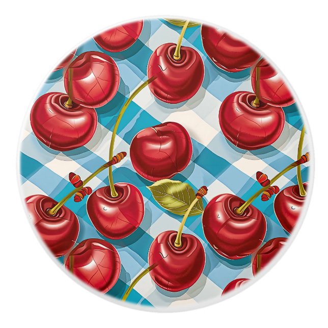 Pomo De Cerámica Cute Whimsical Retro Mid-Century Cherries & Plaid (Anverso)