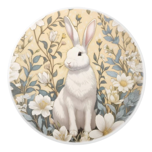 Pomo De Cerámica Cute White Bunny Pastel Yellow Floral  (Anverso)