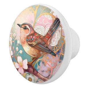 Pomo De Cerámica Cute Wren Bird Art Nouveau Deco Inspo Floral