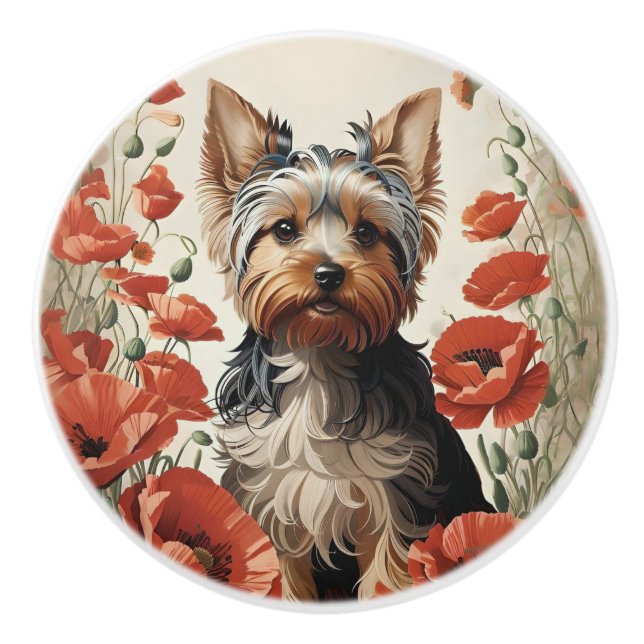 Pomo De Cerámica Cute Yorkshire Terrier Botanical Red Poppies (Anverso)