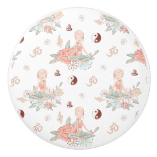 Pomo De Cerámica Cute Zen Yoga Meditación Lotus Namaste Pastel