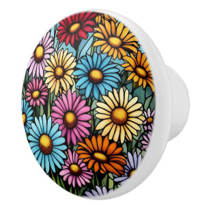 Pomo De Cerámica Daisies vibrantes bohemias - Aspecto de vidrio man
