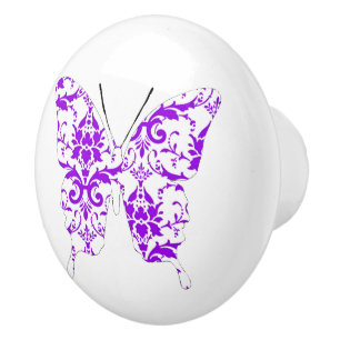 Pomo De Cerámica Damasco de la púrpura del collage de la mariposa