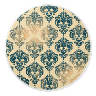 Pomo De Cerámica Damasco Glam Moderno Rústico Azul Vintage y Oro