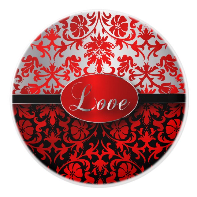 Pomo De Cerámica Damasco rojo, negro, de plata elegante (Anverso)