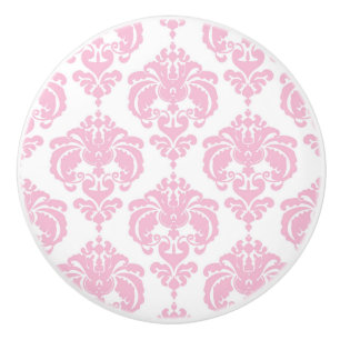 Pomo De Cerámica Damasco Rosa Claro y Blanco Elegante Chic Dormitor