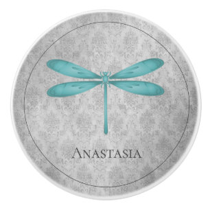 Pomo De Cerámica Damasco verde azulado de la libélula