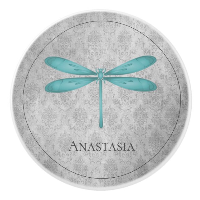 Pomo De Cerámica Damasco verde azulado de la libélula (Anverso)