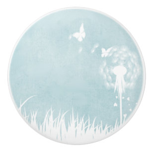 Pomo De Cerámica Dandelions, mariposas y cielo azul