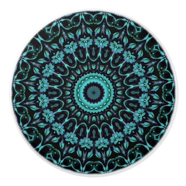 Pomo De Cerámica Dark Turquoise Floral Mandala (Anverso)