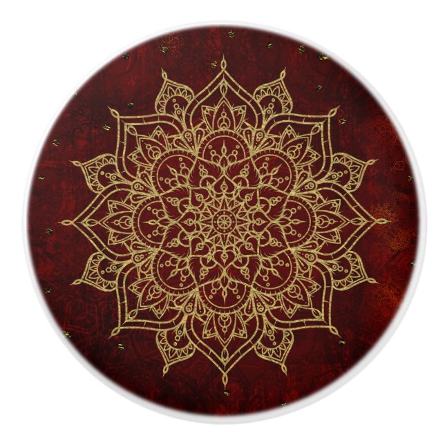 Pomo De Cerámica Deep Wine Red Mandala & Gold Glam Moda moderna (Anverso)