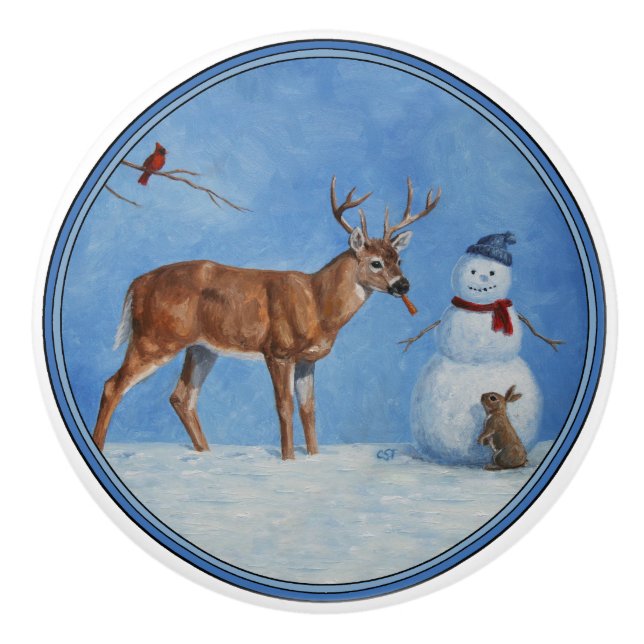 Pomo De Cerámica Deer y los divertidos Navidades Snowman (Anverso)