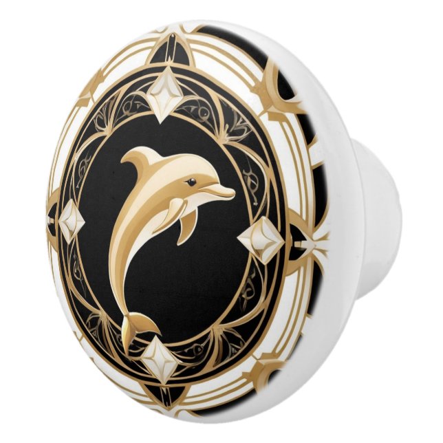 Pomo De Cerámica Delfín Art Deco Negro Oro Blanco Náutico (Derecha)