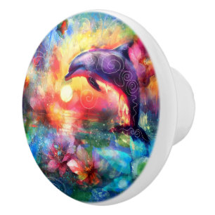 Pomo De Cerámica Delfín caprichoso Costero Nautical Floral Verde az