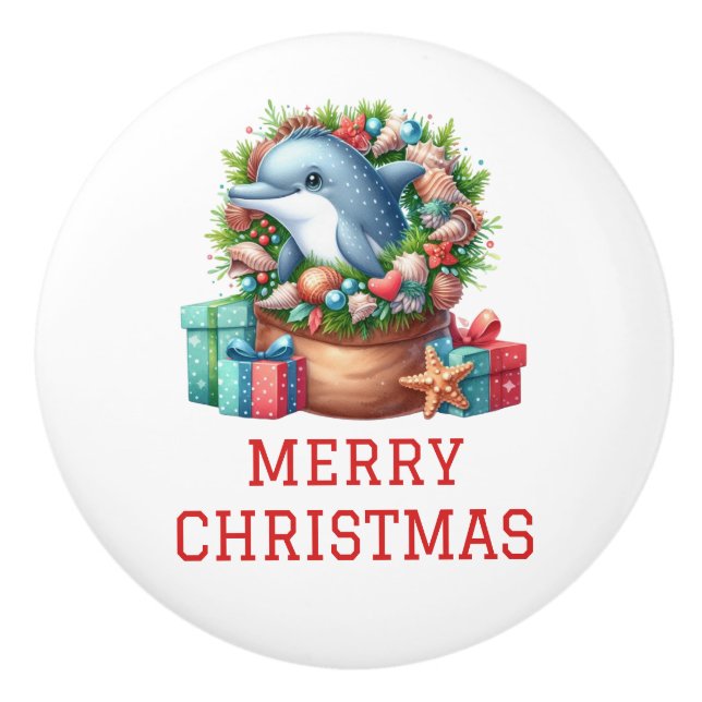 Pomo De Cerámica Delfín Navideño Adorable (Anverso)