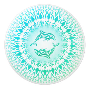 Pomo De Cerámica Delfines Mandala Aqua Verde Blanco Náutico