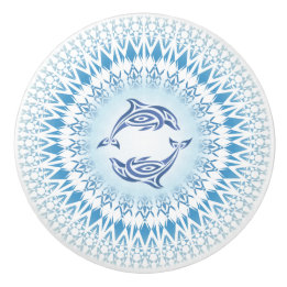 Pomo De Cerámica Delfines Mandala Azul Blanco Náutico