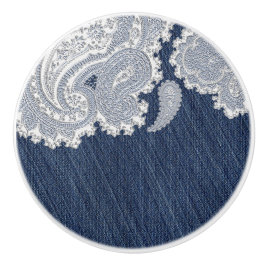 Pomo De Cerámica Denim Jean & Encaje Blanco Elegante Western Countr